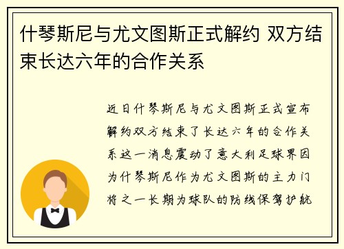 什琴斯尼与尤文图斯正式解约 双方结束长达六年的合作关系